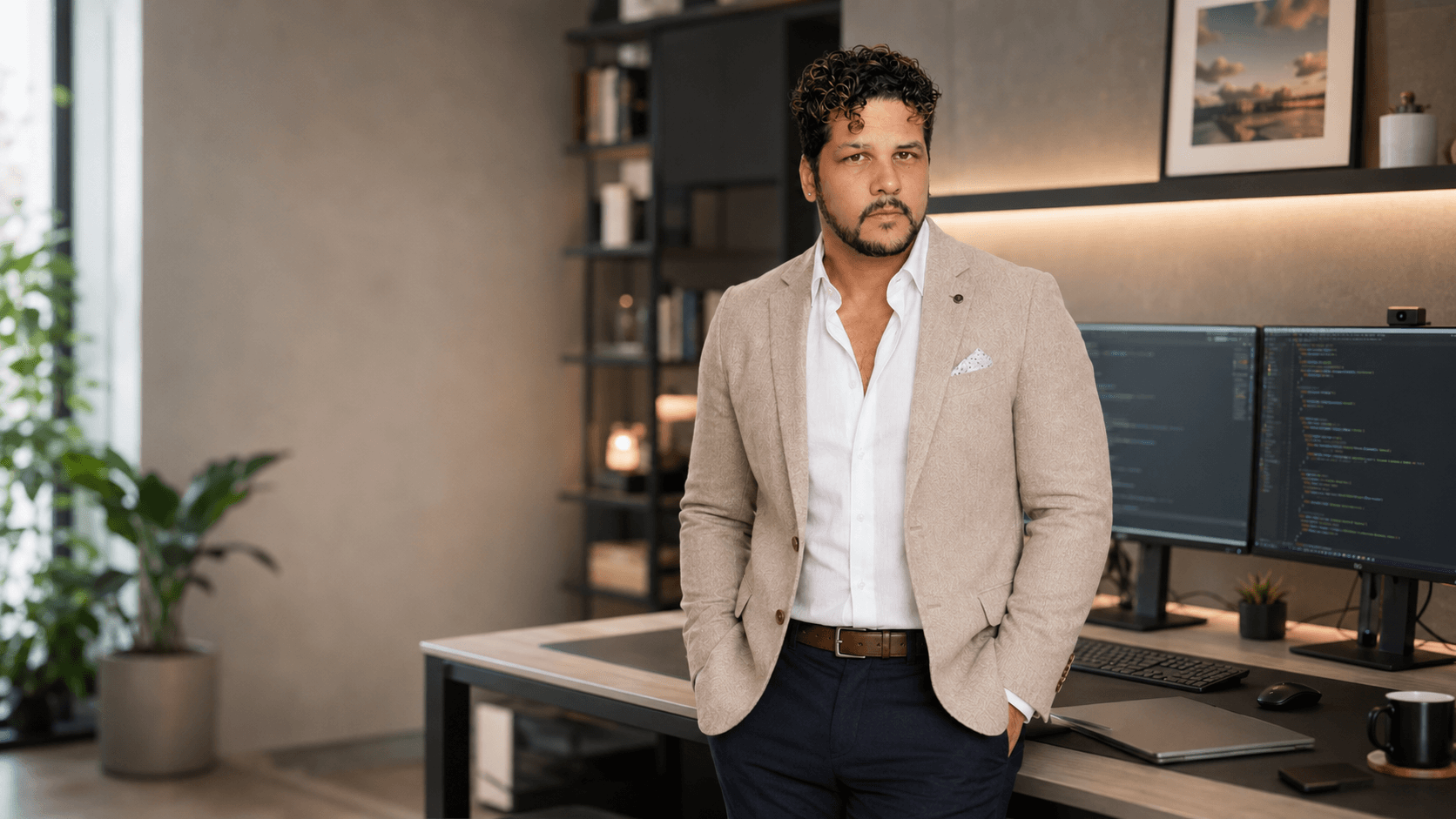 Saulo Pavanello em seu ambiente de trabalho, ao lado de uma estação de desenvolvimento de software